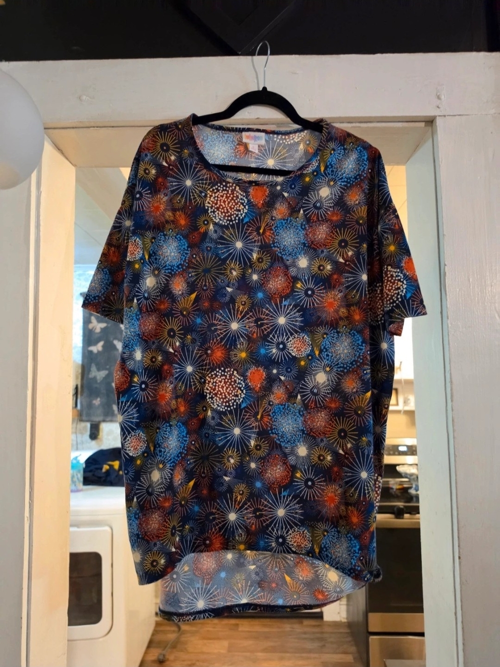 LuLaRoe Irma Red, White And Blue Multi-Color Firework Print Tunic